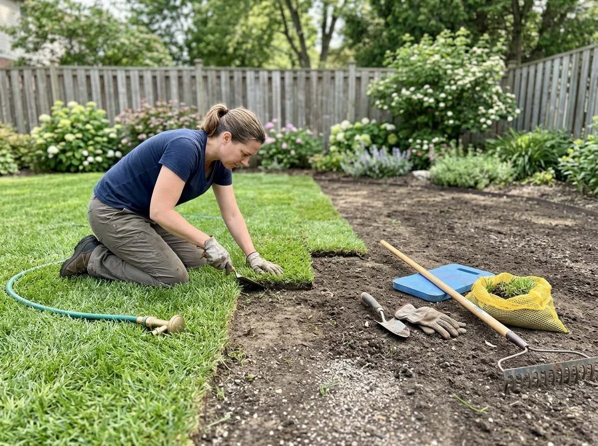 Homeowner installing zoysia lawn pieces in warm sunlight with tools and lush grass filling in