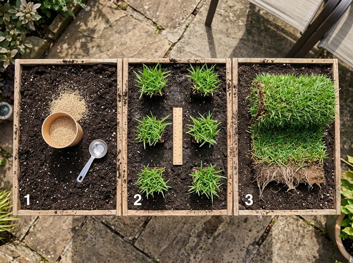 Seed, plugs, and sod for growing zoysia—three establishment methods shown