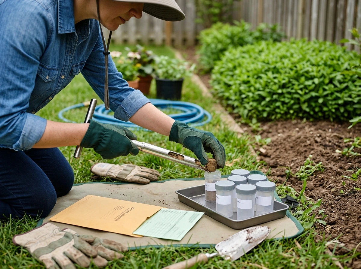 Soil test kit on a driveway with sampling tools