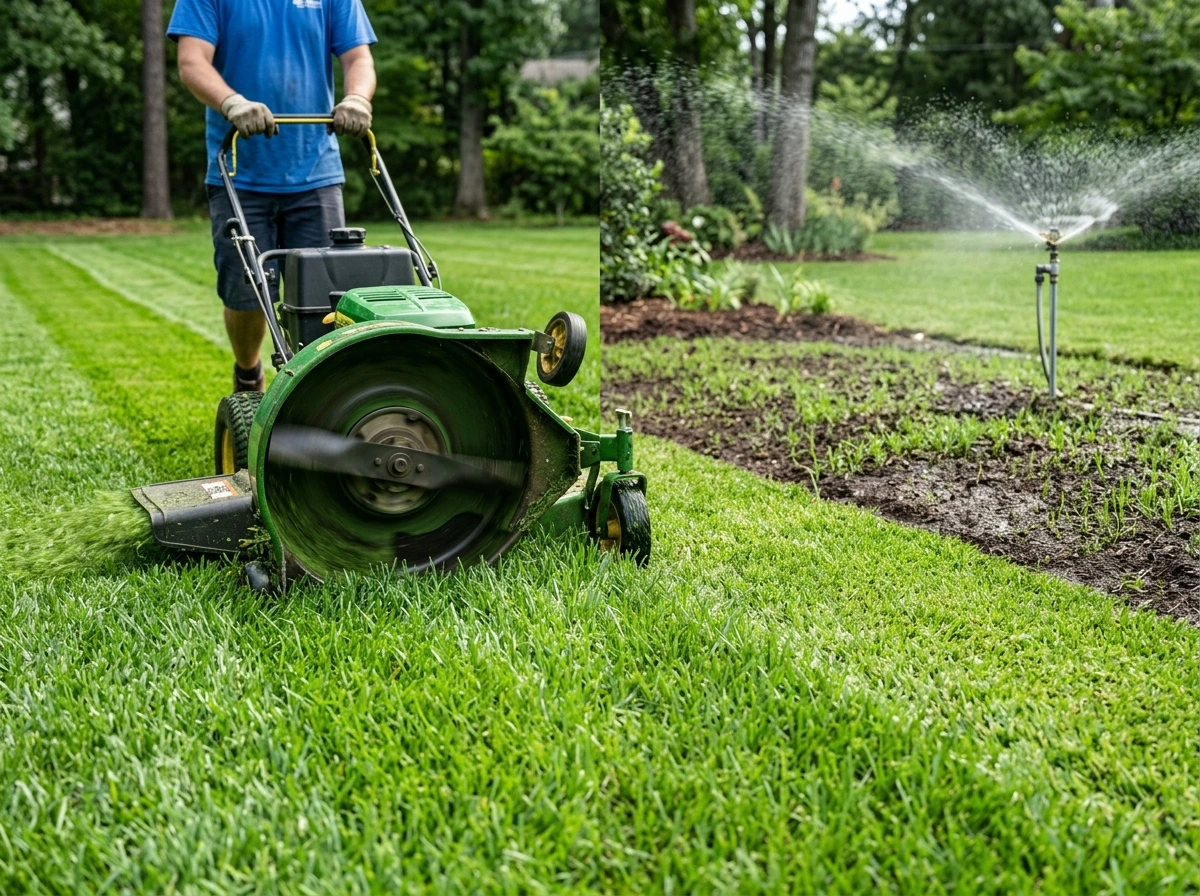 Year-one mowing height on a zoysia lawn plus watering in the background