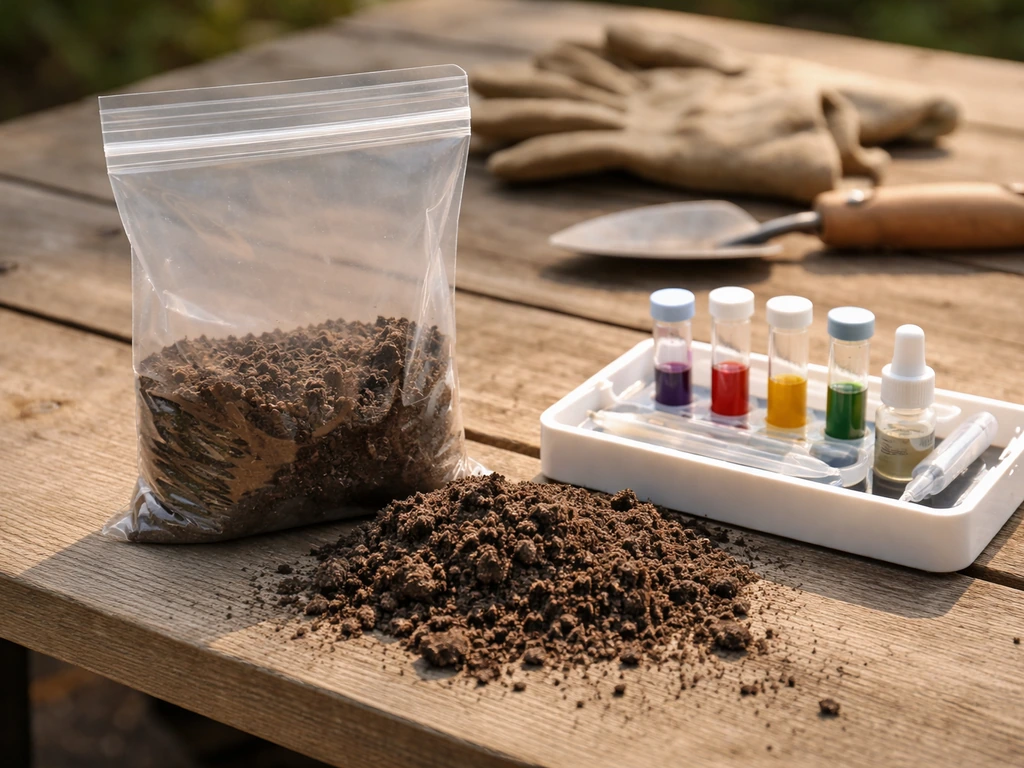 Soil test kit and blank soil sample bag on a workbench with dark soil and a small trowel.