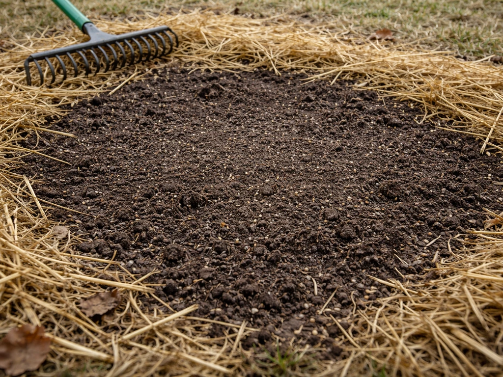 Raked winter bare patch exposing mineral soil with straw mulch around a small seedbed