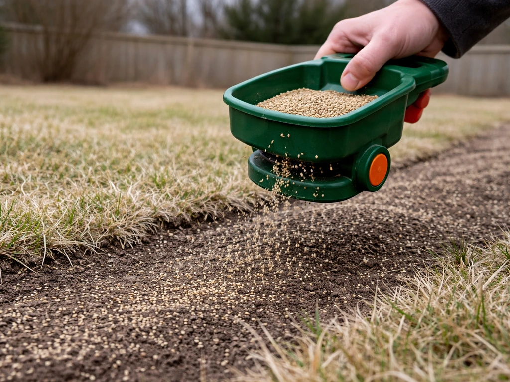Hand-held broadcast spreader dropping grass seed over a prepared winter lawn strip.