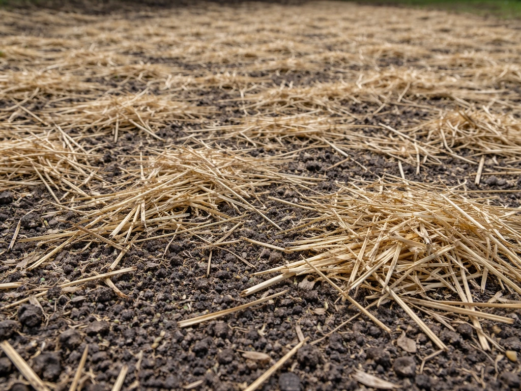 Close-up of straw mulch covering a grass seedbed to protect seeds from wind and rain washout.