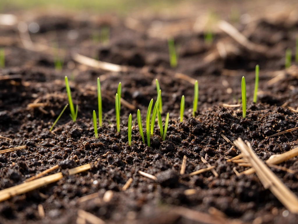 Early spring grass seedlings sprouting from dark soil after dormant seeding