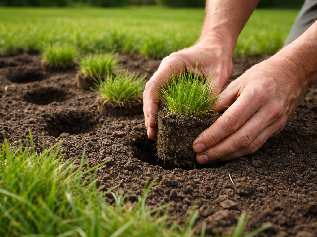 Hands placing grass plug clumps with roots into prepared holes in a lawn bed, fresh green growth.