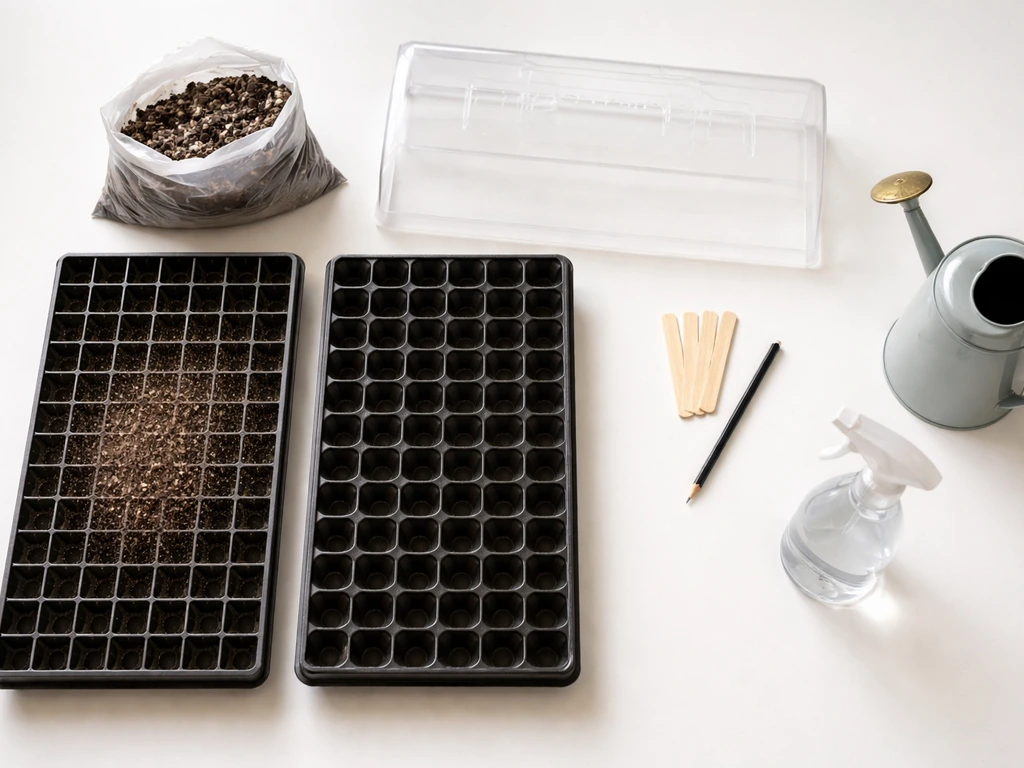 Overhead view of seed-starting supplies—trays, mix, dome, markers, and a watering can—ready to plant grass seed