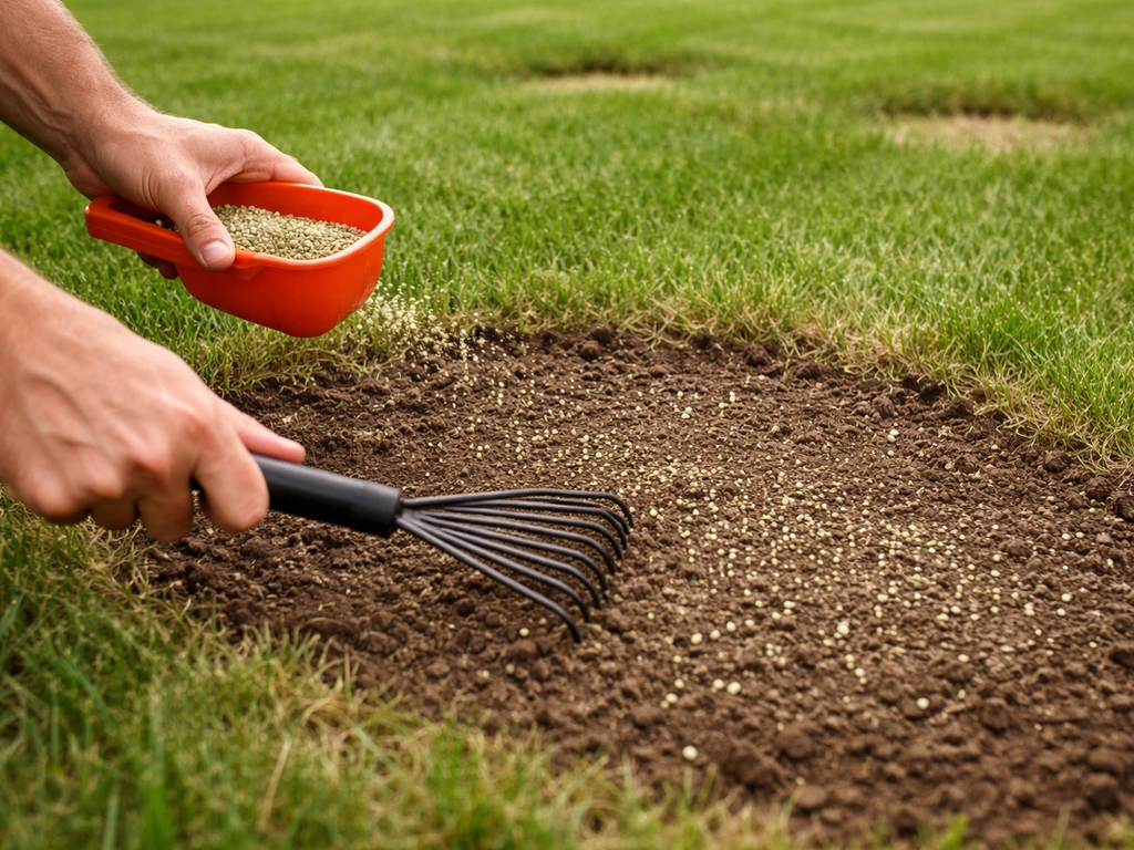 Short-mowed lawn gaps being raked and lightly loosened for planting, with starter fertilizer spread on soil.