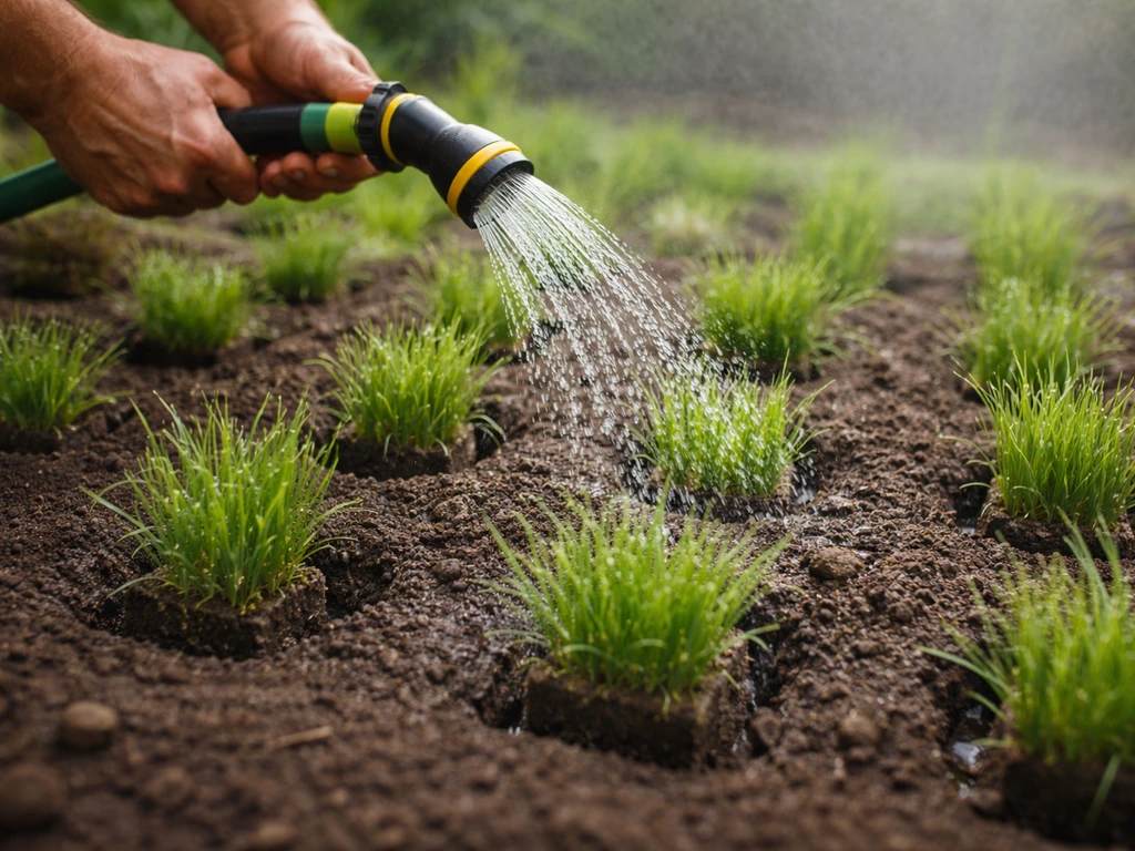 Fresh grass plugs in prepared holes right after watering with gentle mist, showing early new growth