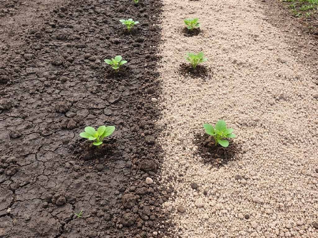 Adjacent clay and sandy soil sections with small seedlings, showing crusty damp clay vs fast-draining sand.