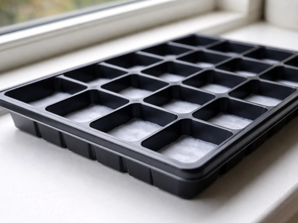 Empty shallow seed-starting tray on a windowsill, sized for soil-free cat grass planting.