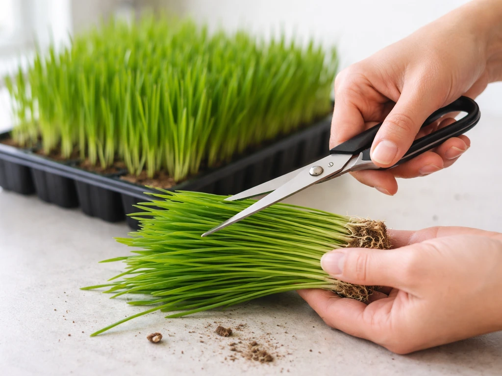 Fresh cat grass blades being snipped at the base with scissors, with a planting tray blurred in the background