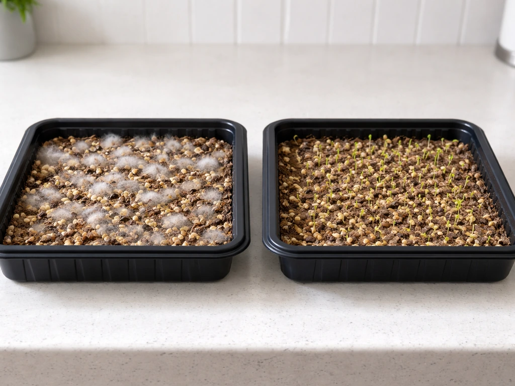 Two simple seed-germination trays: one with white fuzzy mold, one dry medium with fresh green sprouts