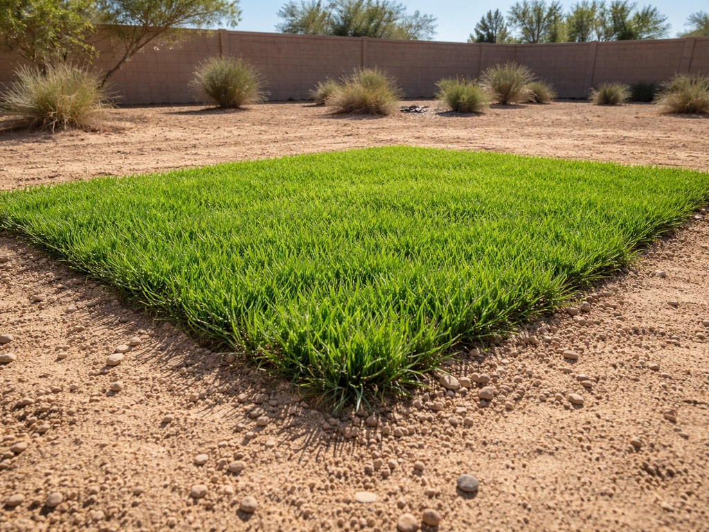 Vivid green bermudagrass establishing in a Phoenix backyard with dry sandy soil in warm desert light.