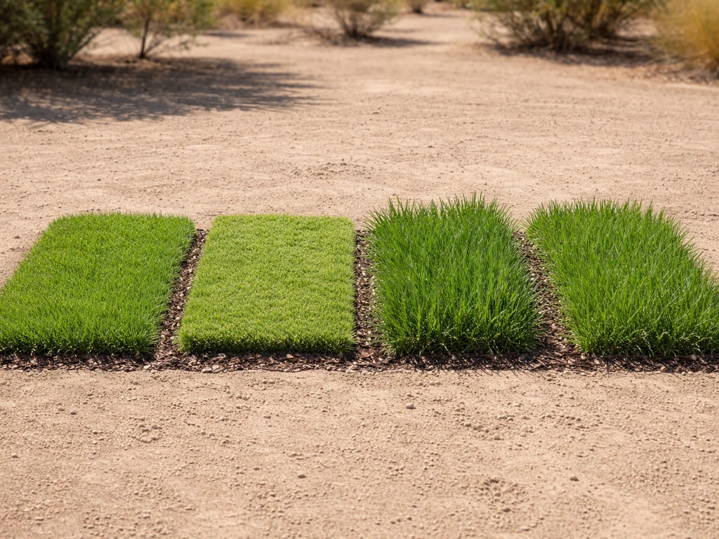 Four distinct turfgrass patches—bermudagrass, zoysiagrass, tall fescue, and perennial ryegrass—in a simple outdoor yard.