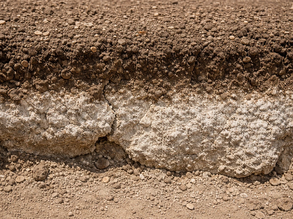 Exposed yard soil cross-section showing a hard whitish caliche layer under darker topsoil.
