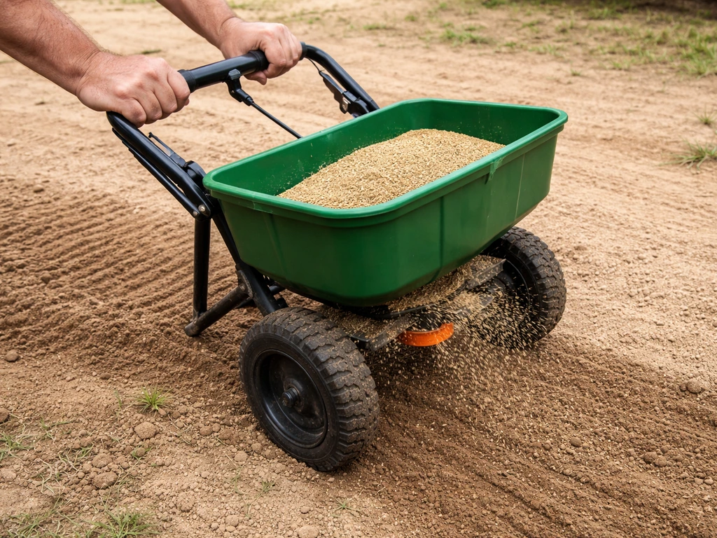 Hands using a broadcast spreader over sandy soil, followed by light raking for bermudagrass seed contact.