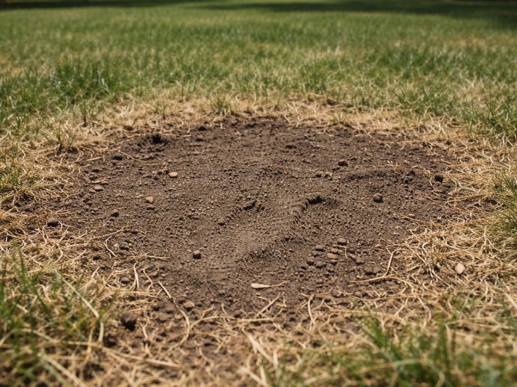Close-up of a Phoenix lawn bare patch showing compacted dry soil and sparse failing grass.