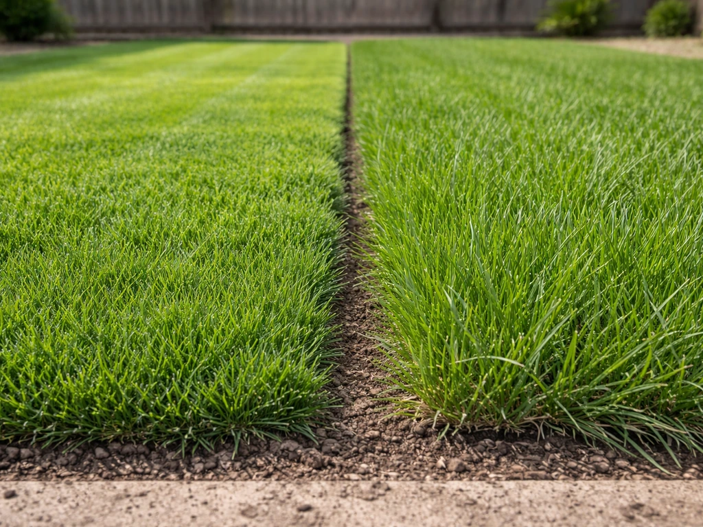 Two adjacent grass strips comparing Kentucky bluegrass and tall fescue texture and color.