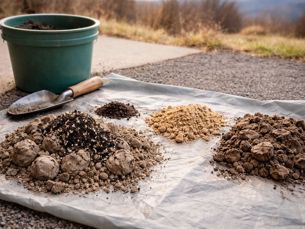 Close-up of soil samples (clay, sandy, compacted) and amendments being added with a trowel.