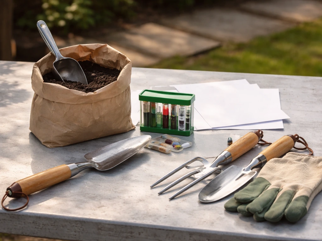 Soil sample bag and test kit on a table beside garden tools in a simple backyard workspace