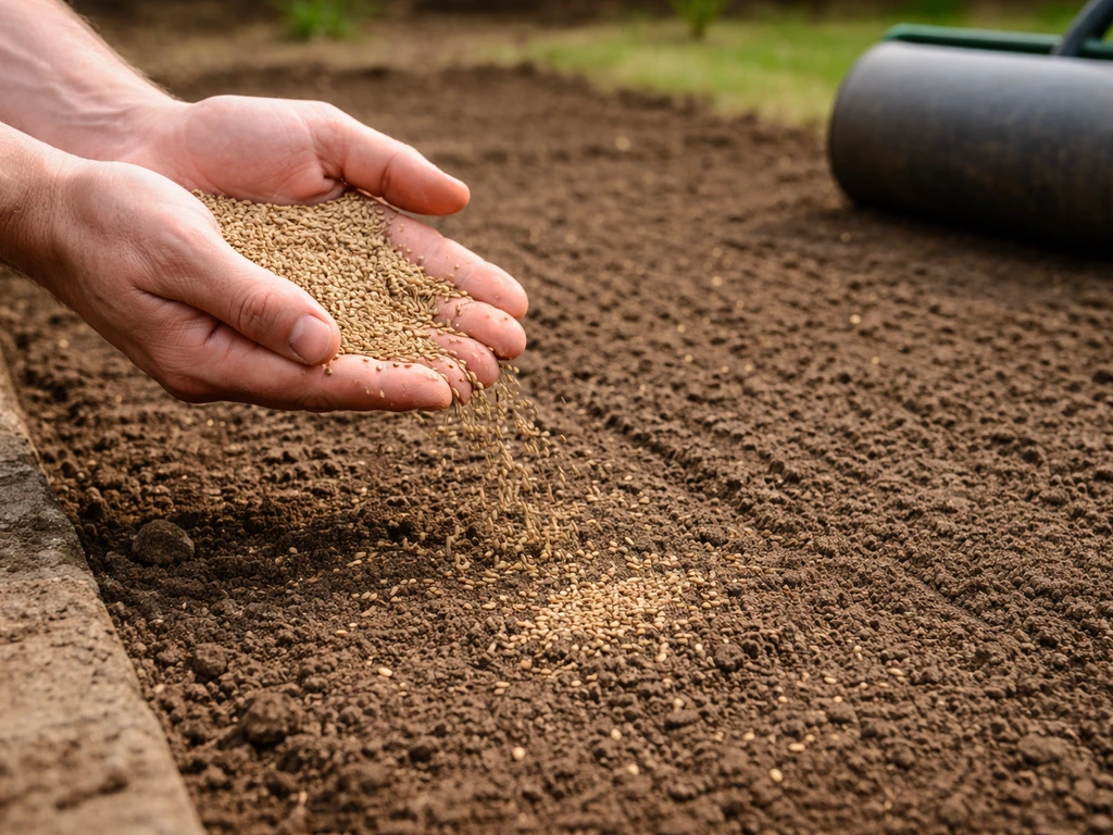 Hands sprinkle grass seed onto freshly raked, leveled bare soil in a simple outdoor patch.