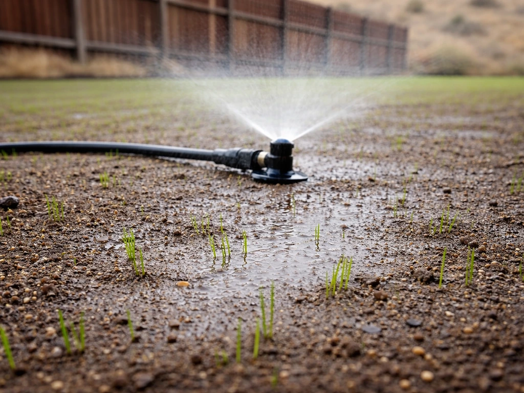 Sprinkler misting newly seeded grass in Colorado, with small green seedlings emerging in moist soil.