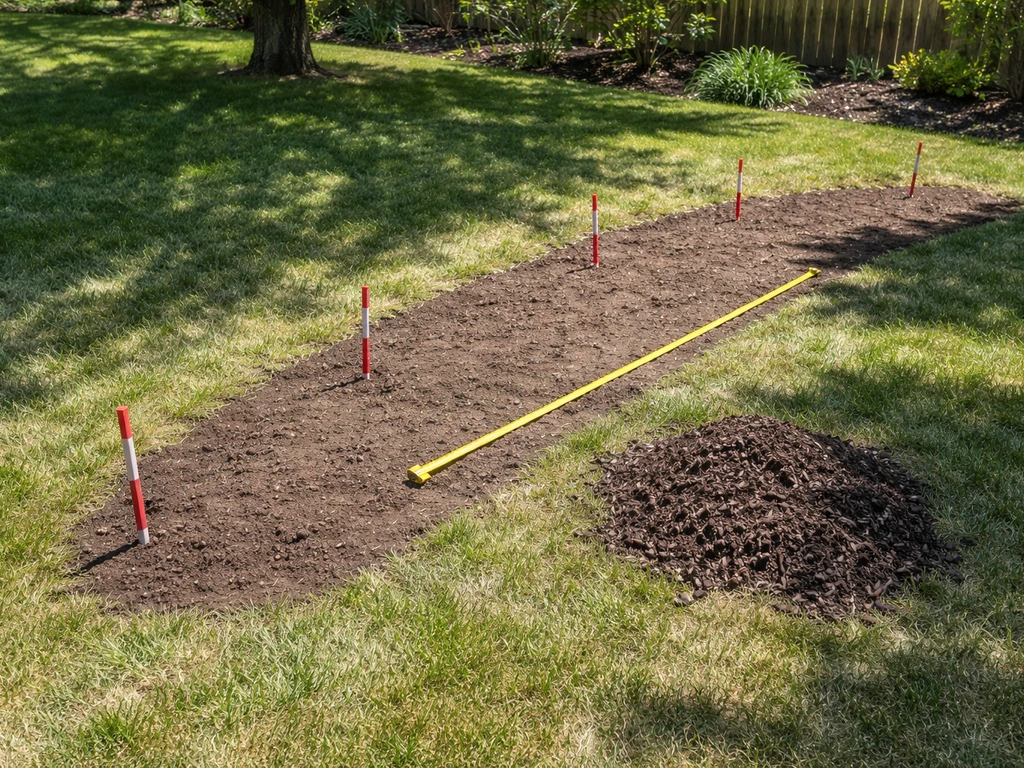 Backyard light-planning setup with stakes and measuring tape showing sunny and dappled shade areas.