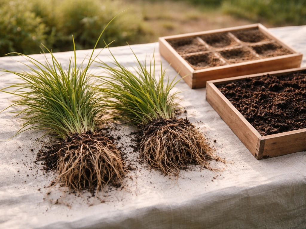 Split ornamental grass root clumps beside seed trays with growing medium on a simple garden workbench.