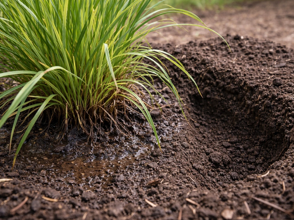 Close-up of ornamental grass clump with wet soil around the crown and improved drainage setup nearby.
