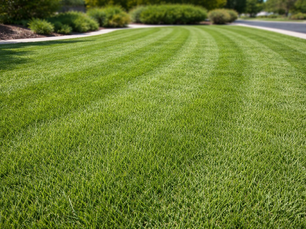 Sunny front-yard buffalo grass lawn with neat, clean mowing lines and dense healthy green growth.
