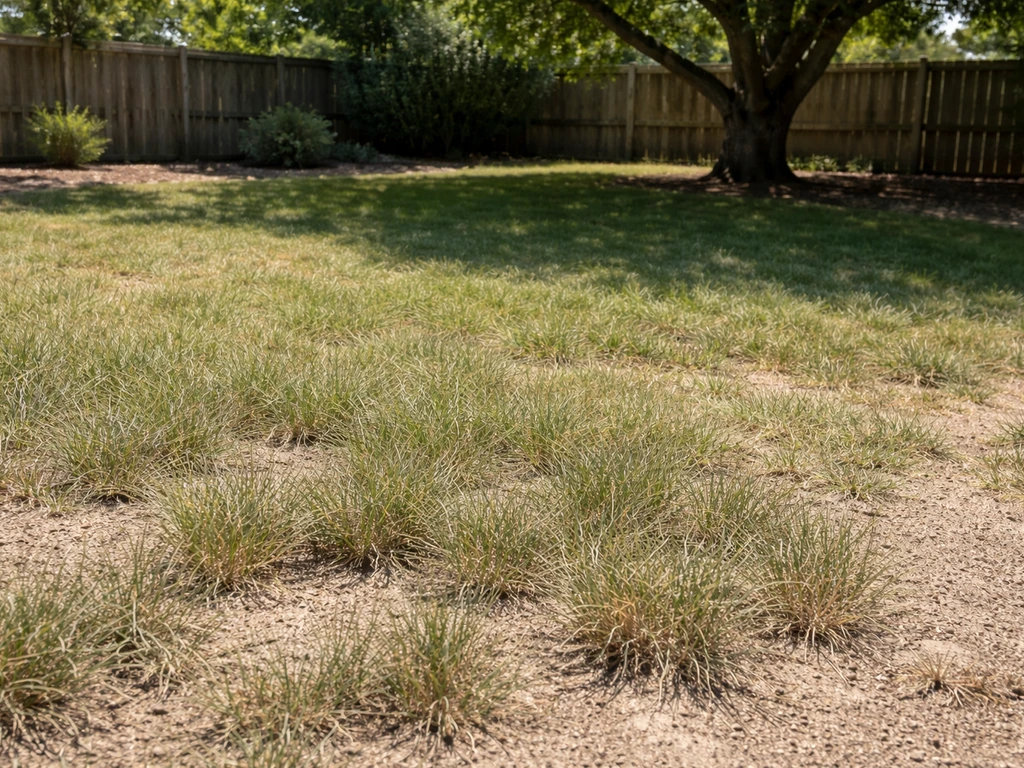 Sunlit backyard lawn with dry, sparse grass transitioning to a greener patch, suggesting buffalo grass suitability.