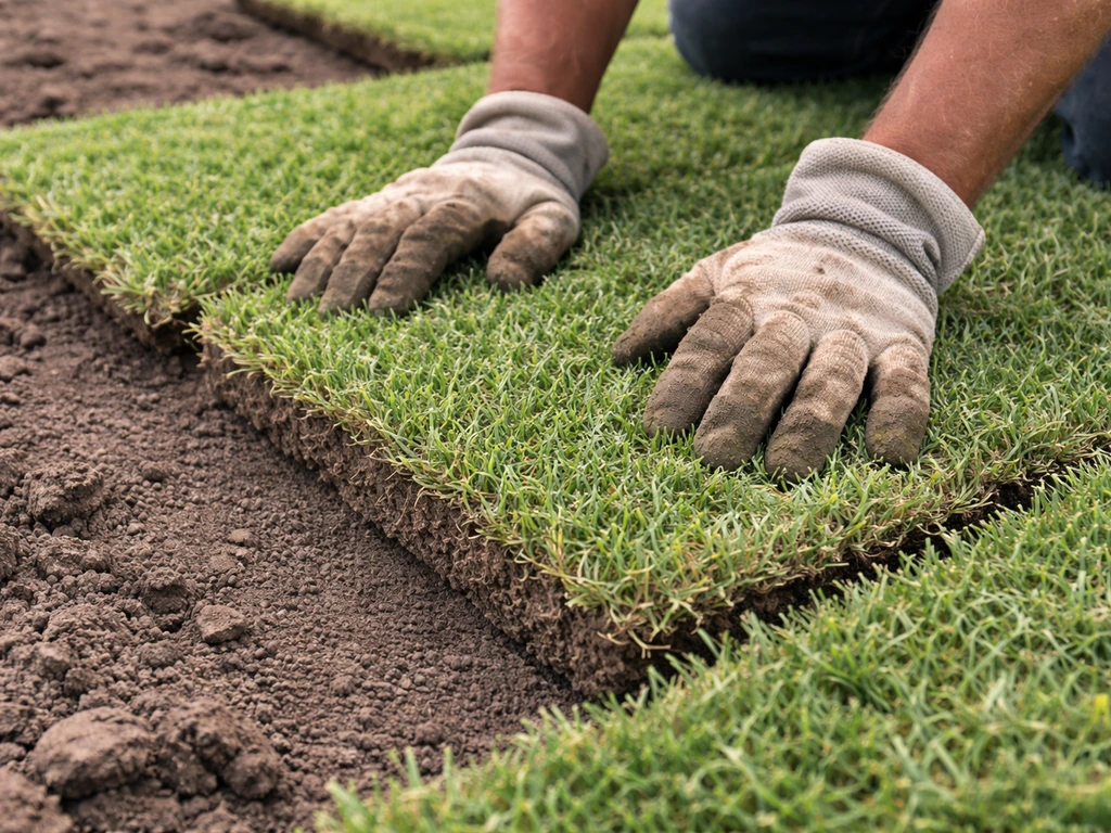 Gloved hands press buffalo grass sod seams tight in staggered rows on prepared soil.