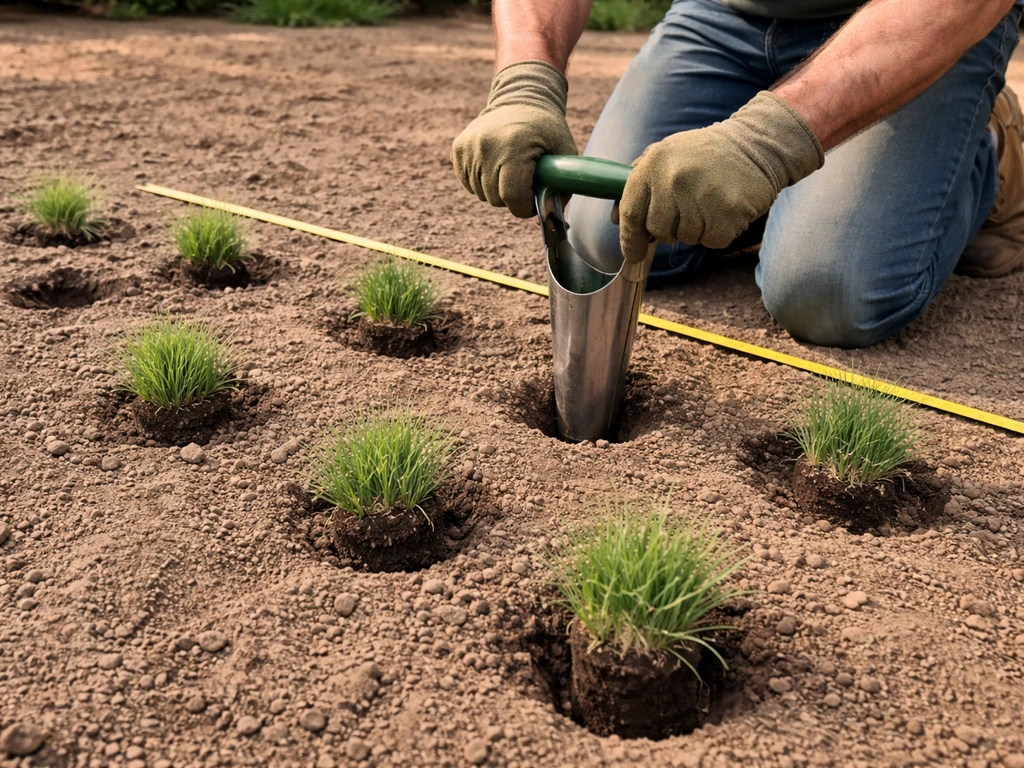 Anonymous gardener kneels to place buffalo grass plugs with a bulb planter on evenly spaced holes.