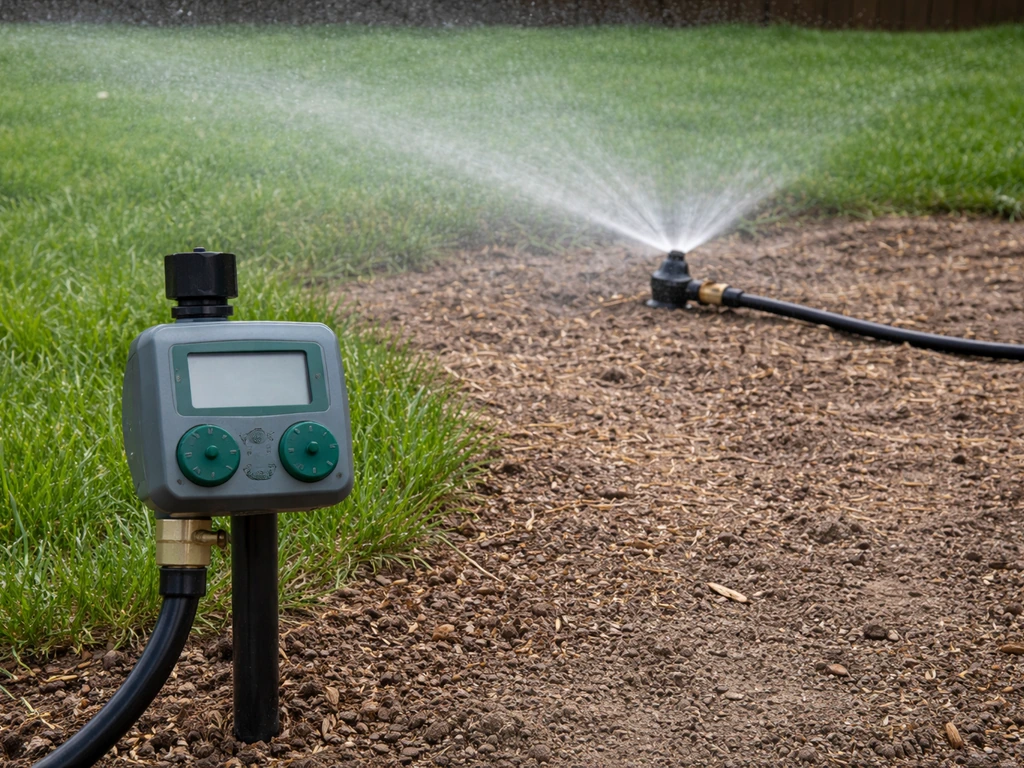 Sprinkler mist watering a seeded lawn with an irrigation timer unit nearby, suggesting a watering schedule.