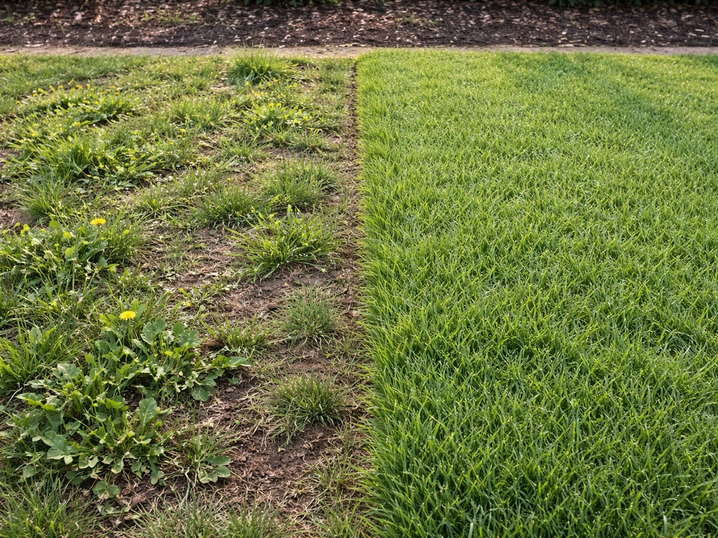 Adjacent lawn strips: dense buffalo grass next to an overgrown weed-choked patch showing competition.