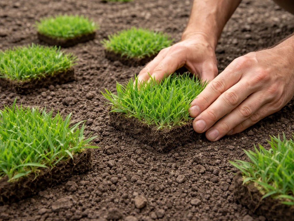 Fresh St. Augustine grass plugs being placed into prepared soil, crowns level for rooting.