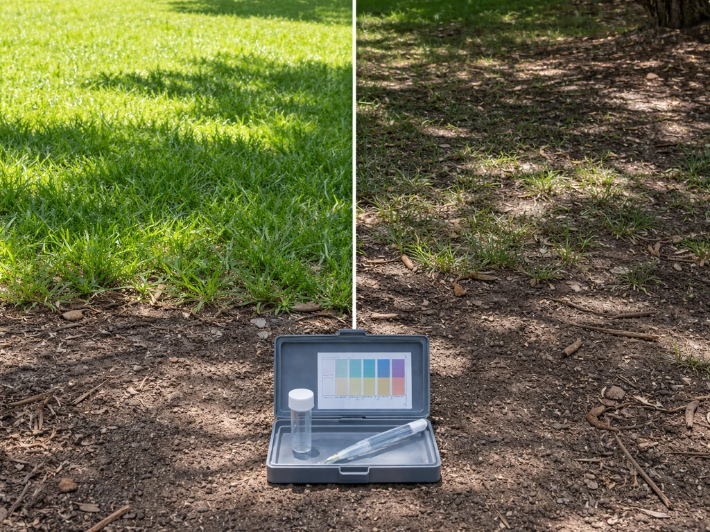 Split sun vs shade yard view with a close-up soil test kit showing targets, no readable text
