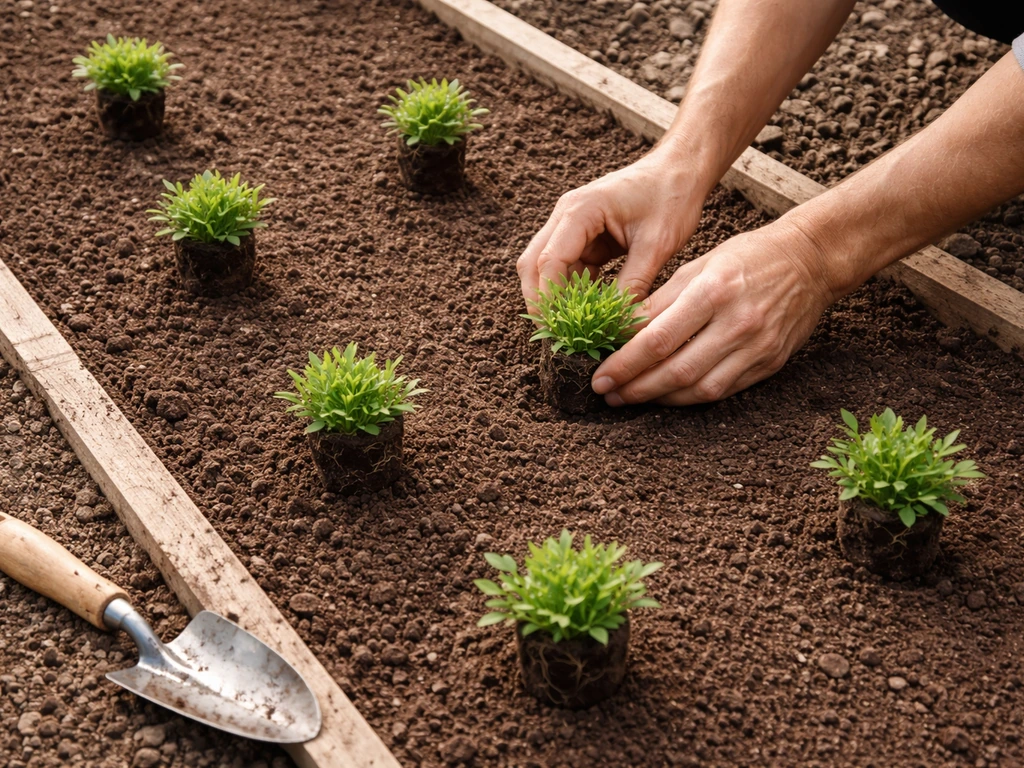 Top-down view of garden plugs spaced evenly, planted at correct depth with aligned neat edge rows.