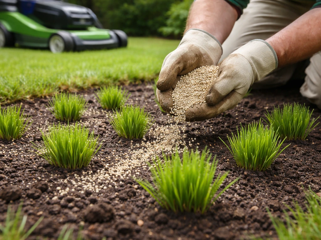 Gardener applies granular fertilizer near newly planted grass plugs, with a low mower set for 2–2.5 inch cutting height.