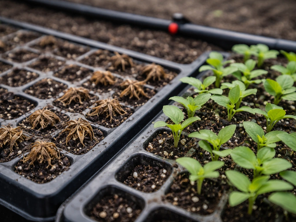 Brown, withering seedling plugs beside healthy green plugs in a nursery tray near an irrigation line