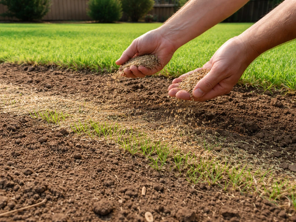Hands spreading grass seed on a newly prepared Texas lawn patch with early green growth.