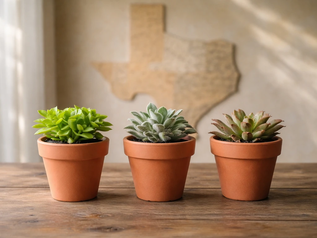Three planters with different drought-stress plants beside a subtle Texas map texture in the background.
