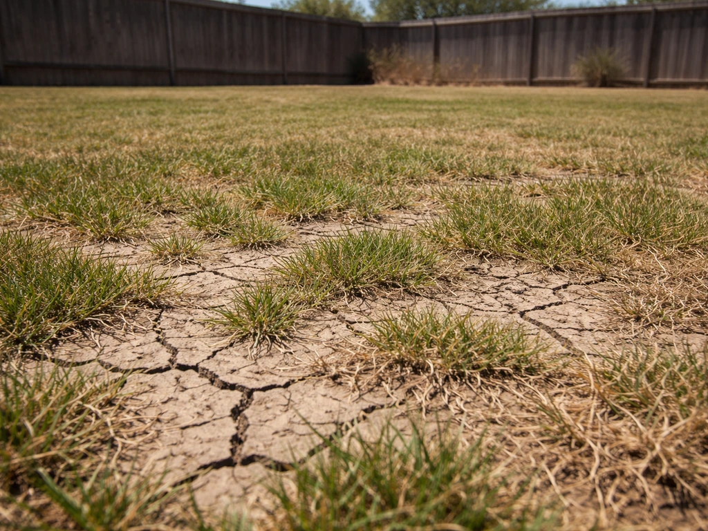 Bermudagrass lawn in bright West Texas sun with dry, cracked soil showing drought conditions