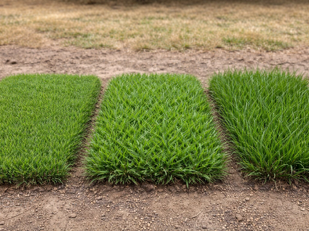 Close-up of three grass patches side-by-side showing bermudagrass, zoysia, and tall fescue textures.