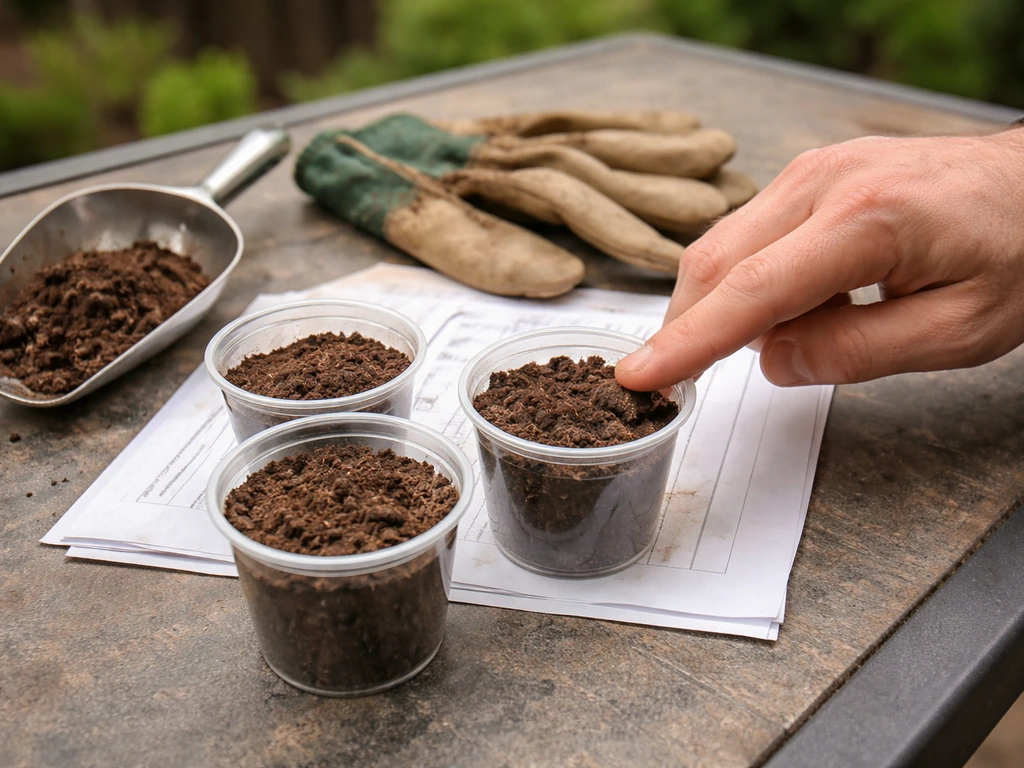 Close-up of homeowner soil sample prep with cups of dark soil and simple testing tools on a table.