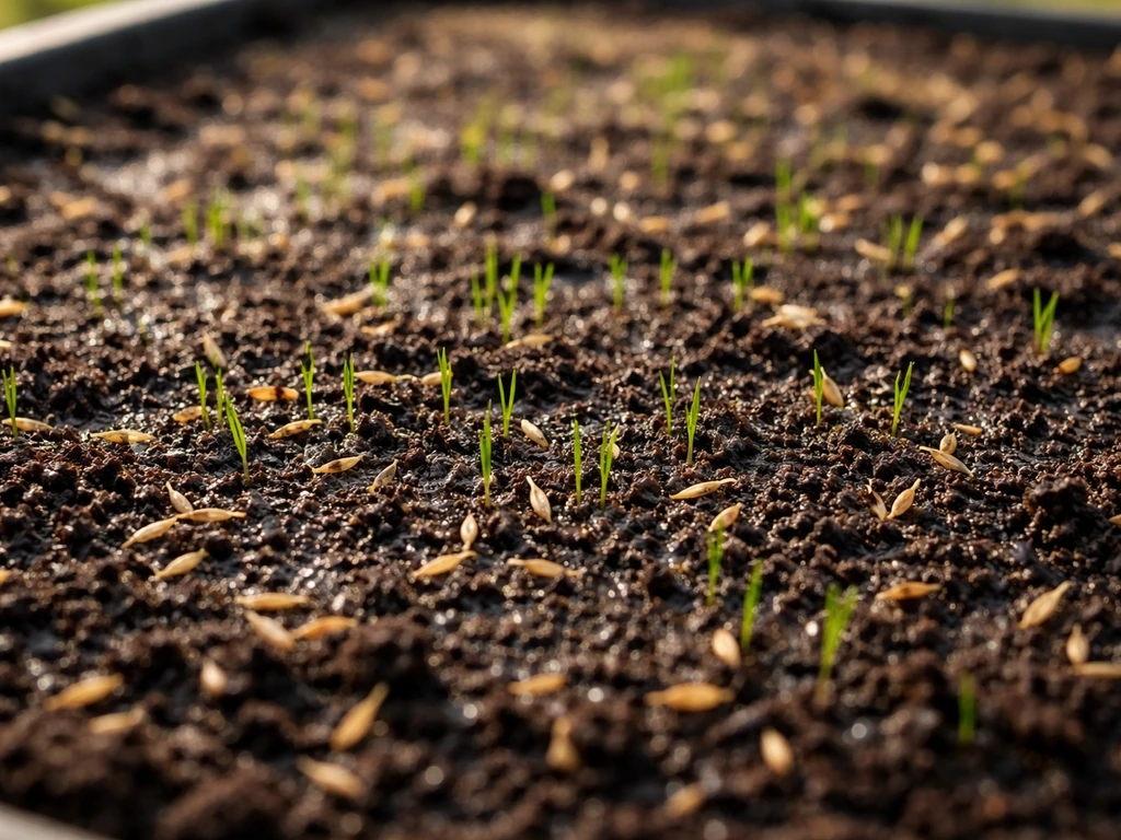 Close-up of grass seedbed with evenly moist topsoil and tiny sprouts emerging in warm sunlight