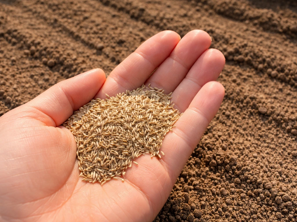 Sunlit bermuda grass seeds over freshly prepared soil, ready for planting.