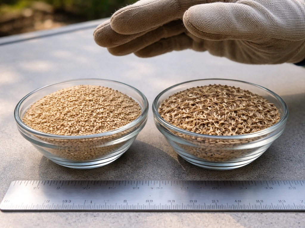 Two bowls of hulled and unhulled Bermuda grass seed with a ruler for scale on a patio table.