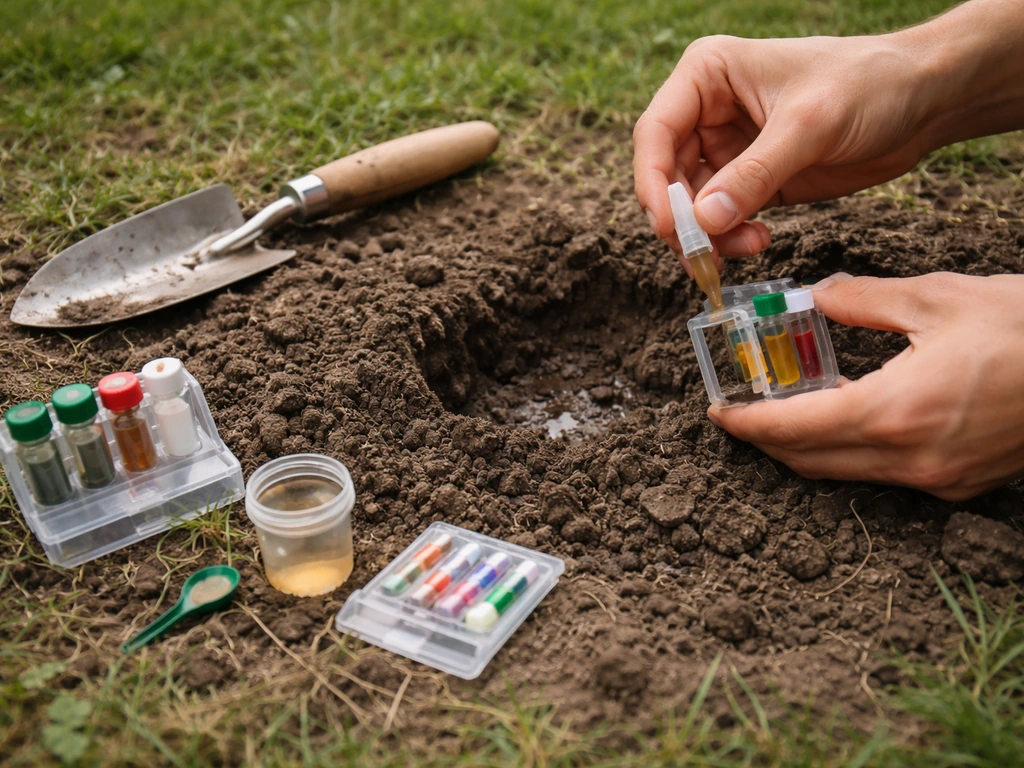 Gardener using a soil test kit in a prepared lawn bed to check soil conditions before seeding.